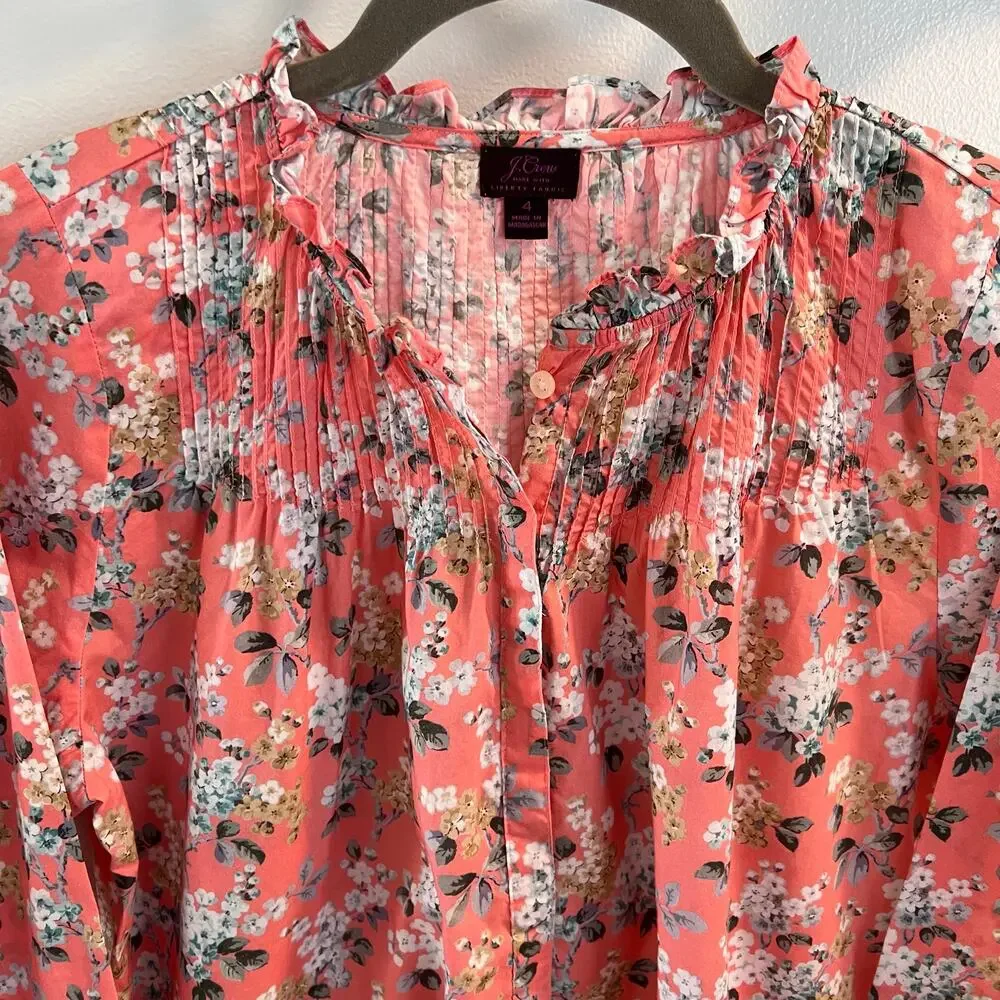 J.Crew Liberty Fabric Coral Josephine Floral Ruffle Popover Shirt Size 4